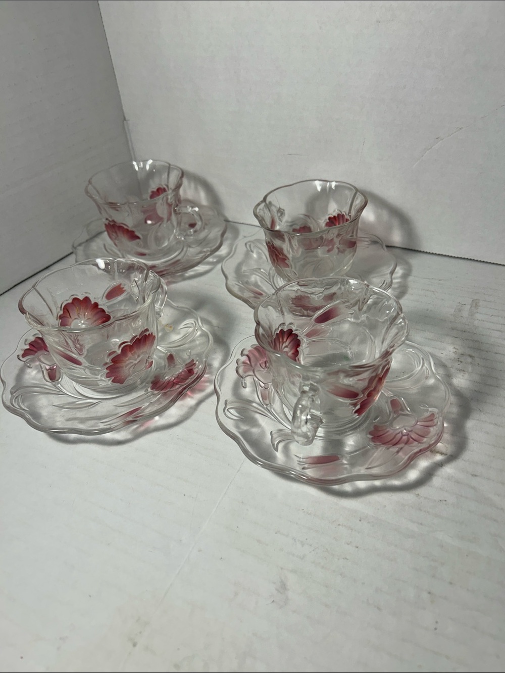 Clear Glass Tea Cup & Saucer Set with Pink Floral Accents